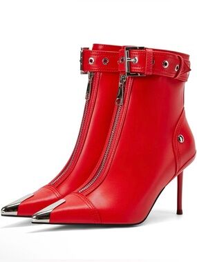 Women's Fashion Metal Pointed Toe Heel Boots Sexy Zip Ankle Stilettos Booties wi
